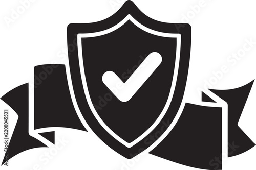 Monochromatic vector shield icon with a white checkmark, centered above a flowing ribbon banner, isolated on a transparent background for security or guarantee branding.