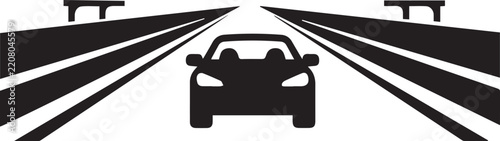 Black vector car driving on a highway with white lane markings, viewed from a low perspective, isolated on transparent background.