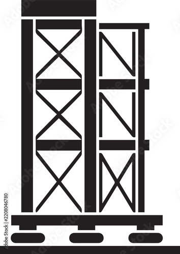 Black vector icon of industrial warehouse racking system with cross bracing, isolated on a transparent background, for logistics and storage applications.