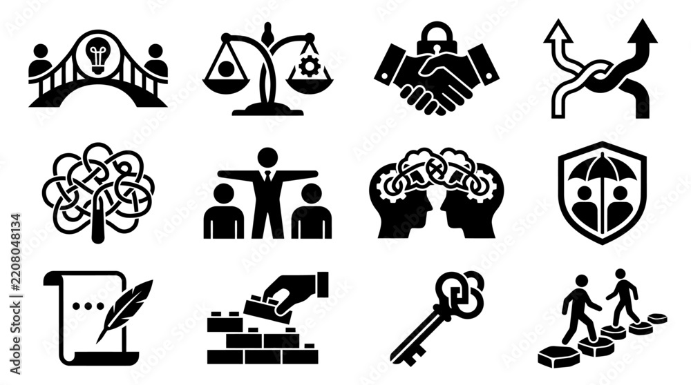 Obraz premium Set of black business and communication conceptual icons with business strategy management communication leadership development innovation collaboration silhouette corporate handshake