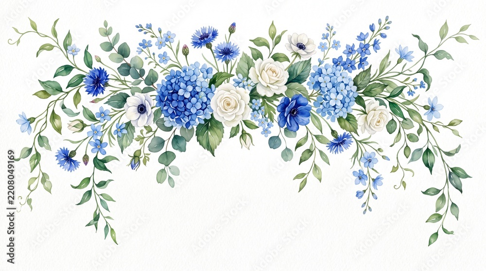 Fototapeta premium Symmetrical watercolor floral swag with blue hydrangeas and white flowers on white.
