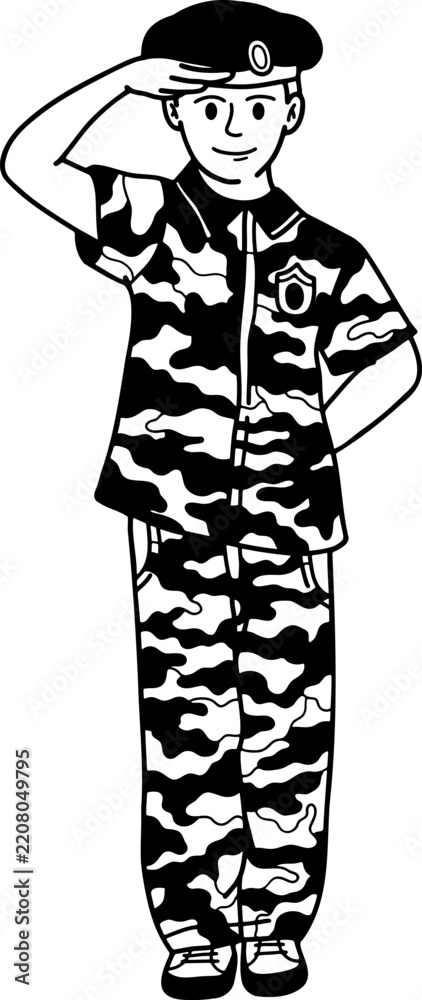 Obraz premium black and white illustration of Boy in a soldier costume