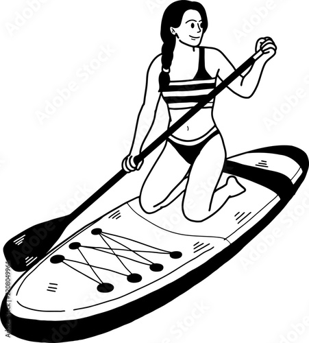 black and white illustration of A woman is paddleboarding