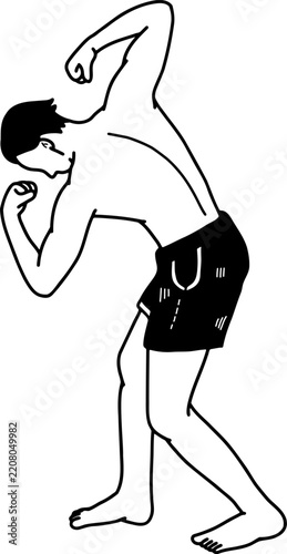 black and white illustration of A man in a swimsuit is flexing his muscles