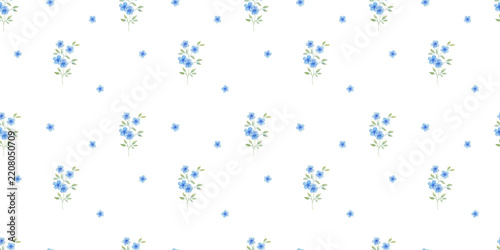 Seamless floral pastel pattern with tiny wildflowers and delicate green leaves. Watercolor ditsy print for wallpaper, fabric and textile design, minimal spring botanical background.