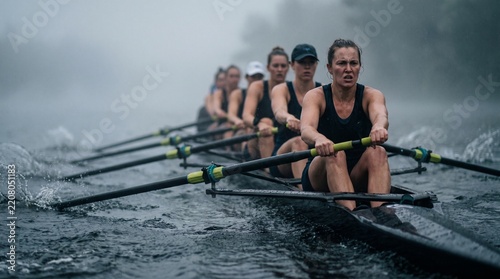 Rowing Team Racing in a Competitive Women Crew Boat on Misty Water During Intense Exercise