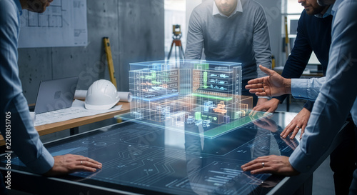 建築設計の打ち合わせでホログラムBIMモデルを囲むエンジニアたち、建設DXとスマートビルディング技術コンセプト