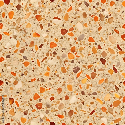 Seamless Terrazzo Pattern with Orange and Beige Stone Chips in Concrete Surface texture