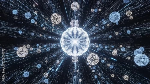 Abstract Digital Space Tunnel with Geometric Data Structures and Glowing Particle Spheres