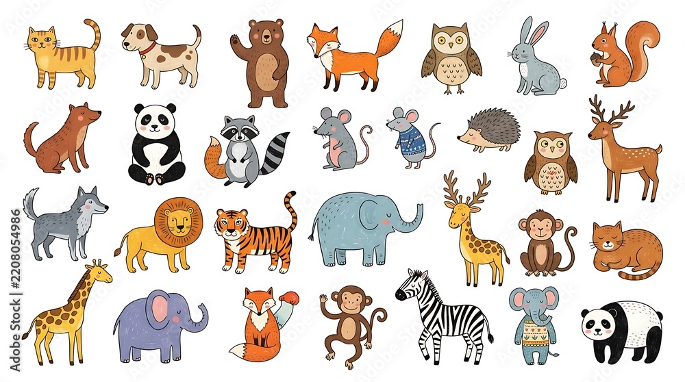 Obraz premium Collection of hand drawn wild and domestic animals including mammals, birds and forest creatures in cartoon style