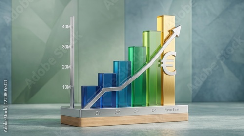 Colorful glass bar chart on wooden base with euro currency symbol