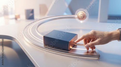 Hand interacting with digital coin icon above a portable storage drive