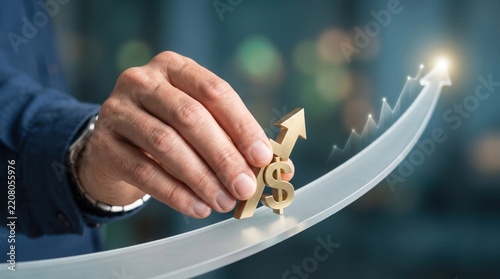 Businessman hand placing a golden dollar symbol on a rising arrow