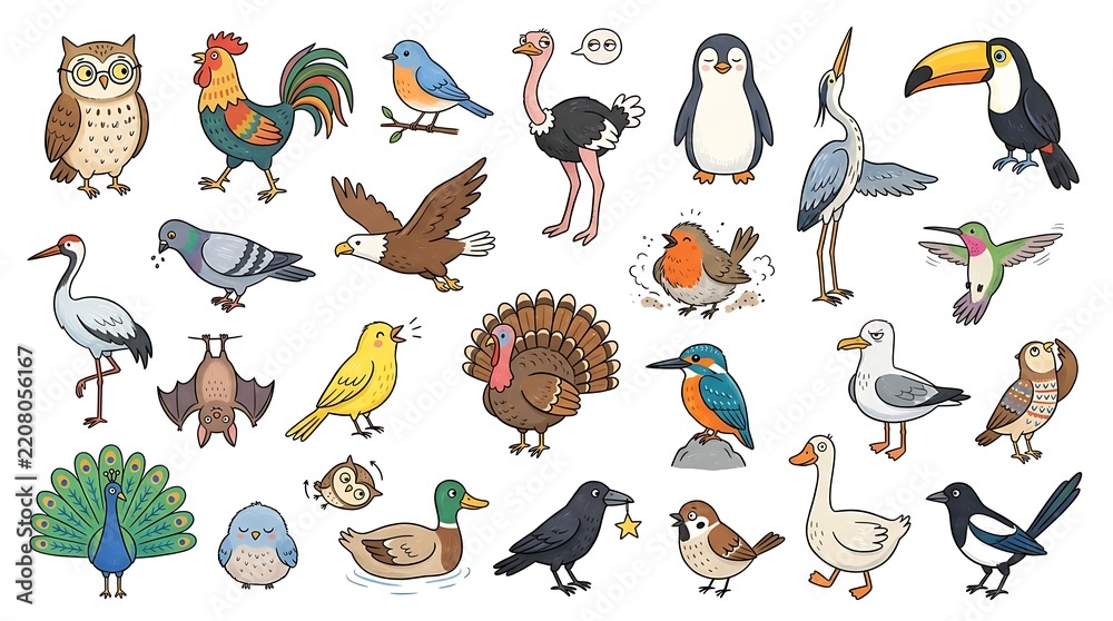 Obraz premium Collection of hand drawn cartoon birds and animals including owl, rooster, penguin, and toucan on white background