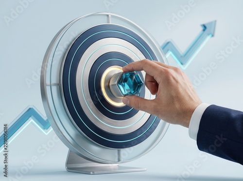 Executive hand touching a glowing crystal center of a circular target