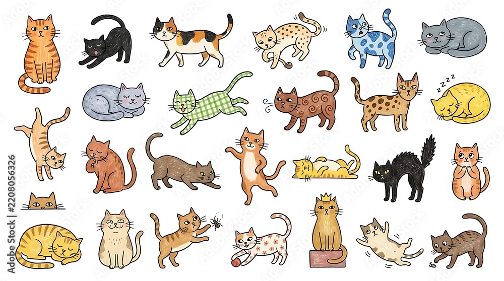 Obraz premium Set of various hand drawn cats in different poses, colors, and patterns isolated on a plain white background