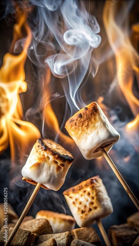 Two Marshmallows Roasting Over A Campfire With Smoke And Flames In The Background