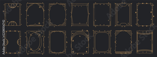 Collection of fourteen elegant golden celestial frames with decorative stars and geometric borders on dark background