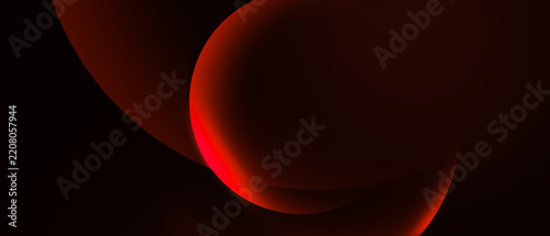 Dark background features vibrant red geometric shapes