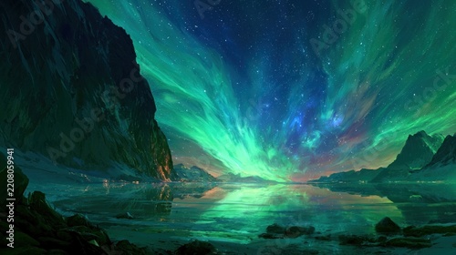 Vibrant aurora borealis over calm water reflection