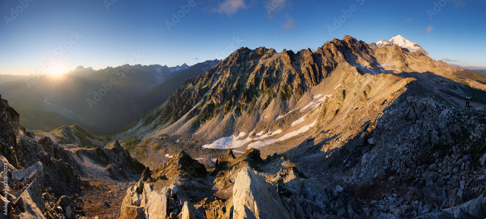 Obraz premium Mount Tetnuldi in the Caucasus Mountains landscape at sunset with glacier, Georgia - Europe