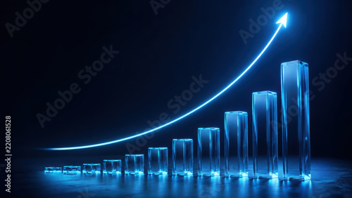 Glowing bar chart blue neon light upward arrow futuristic style financial growth business success digital background positive trend