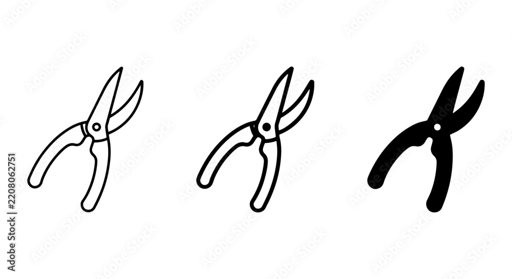 Fototapeta premium Gardening Shears Vector Icons, Pruning Tool Set, Garden Clippers Silhouette, Black and White Outline