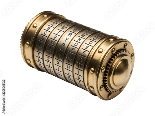 Antique brass cylinder cipher lock with alphabetic and numeric encoding rings.