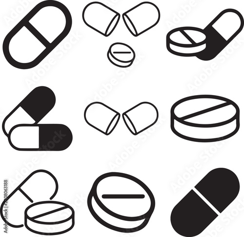 Medical Pill and Capsule Line Elements, Healthcare Drug and Tablet Collection, Pharmaceutical Care and Medicine Graphics, Essential Health and Vitamin Vector Set