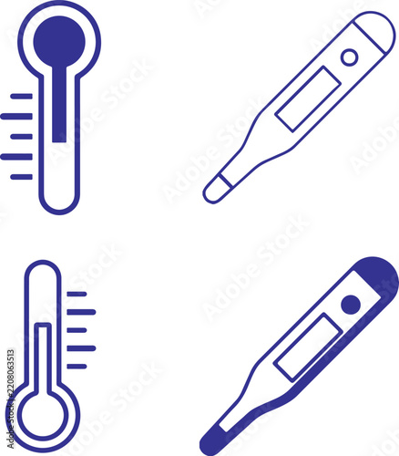 Thermometer Line and Solid Set, Temperature Measurement Symbol Collection, Weather and Medical Gauge Elements, Climate Status Display Set