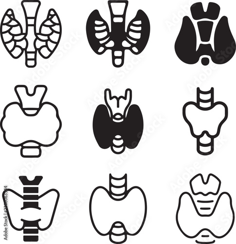 Thyroid Icon Set, Medical Endocrinology Human Internal Organ Vector Set, Thyroid Health Diagnostics and Metabolic System Vector Graphics, Endocrinology Healthcare and Organ Diagnostic Vector 