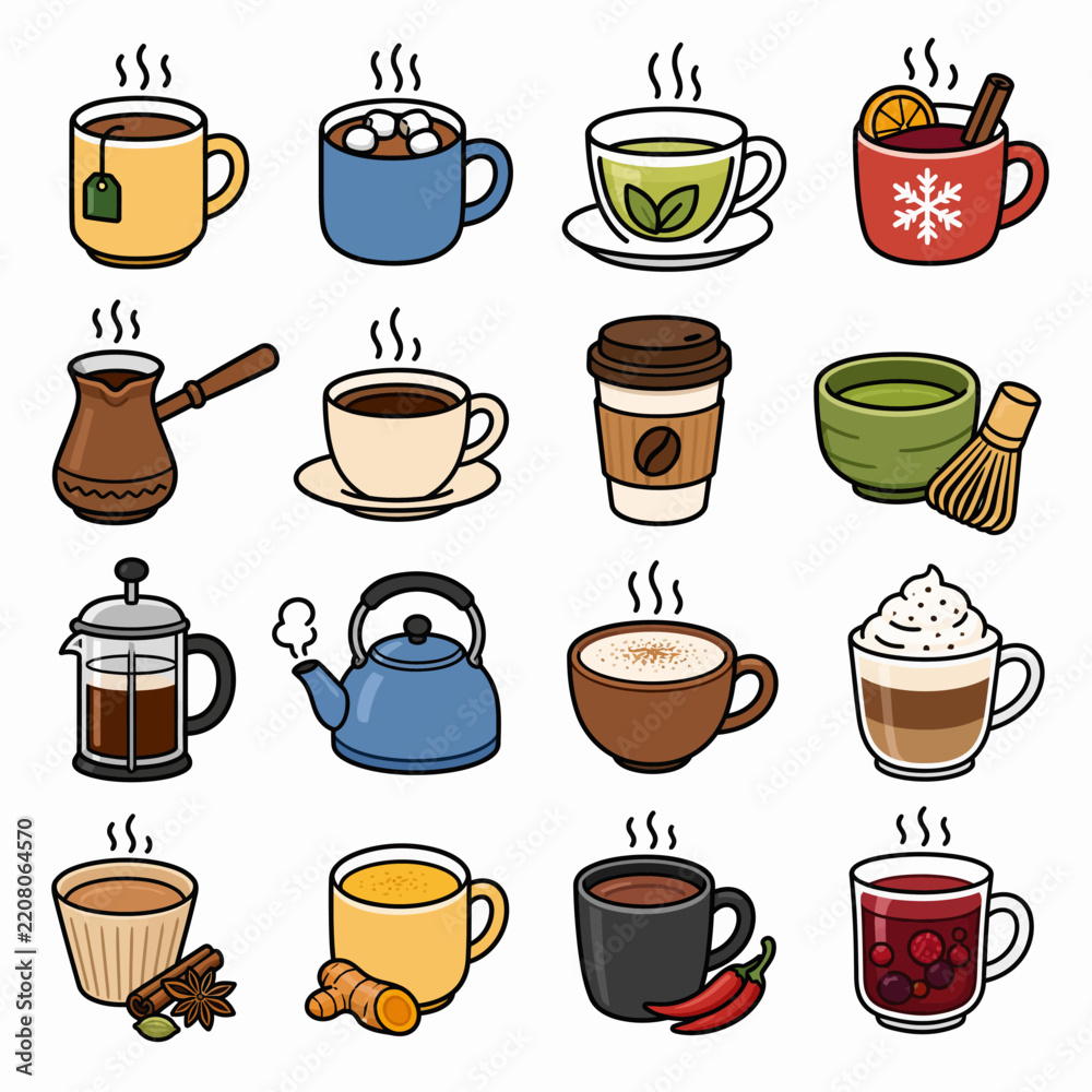 Fototapeta premium Collection of assorted hot beverage and coffee icons
