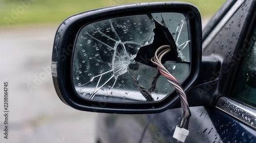 Damaged and Broken Car Side Mirror After Accident
