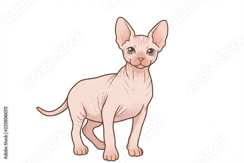 adorable digital cartoon illustration of a hairless Sphynx cat with big expressive eyes and wrinkled skin