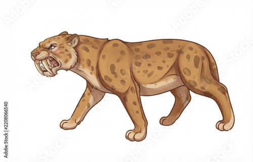 Action-packed digital cartoon illustration of a fierce Saber-Toothed Tiger with long canine teeth and spotted fur