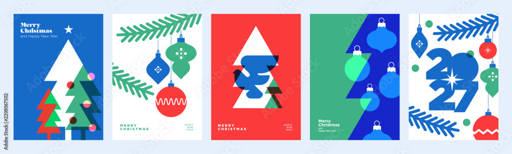 Obraz premium Merry Christmas and Happy New Year. Vector illustrations for holiday greeting card, poster, cover, website and social media banner, marketing material.
