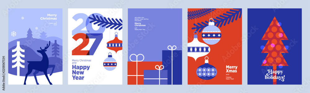 Obraz premium Merry Christmas and Happy New Year. Vector illustrations for holiday greeting card, poster, cover, website and social media banner, marketing material.