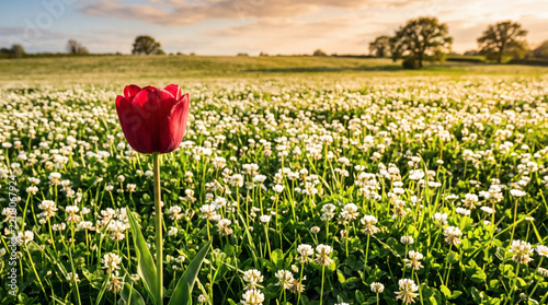 rare red tulip standing alone in a field of white tulips at golden hour unique standout flower concept with copy space vibrant photorealistic professional