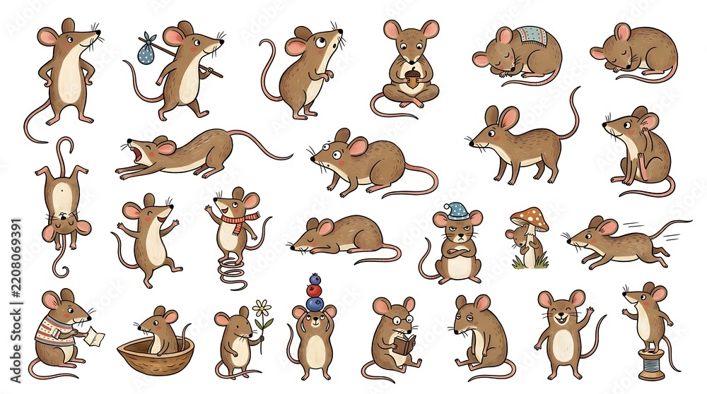 Obraz premium Cute hand drawn mice in various poses and activities including sleeping, eating, reading, and playing on white