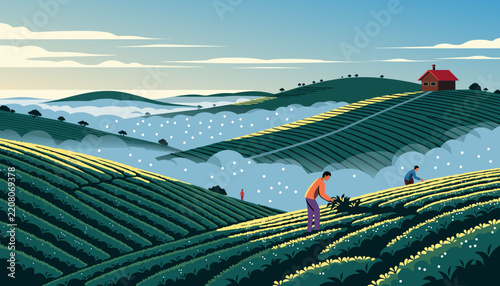 Tea Plantation on Rolling Hills at Dawn with Mist, Flat Vector Serene Highland Morning Illustration