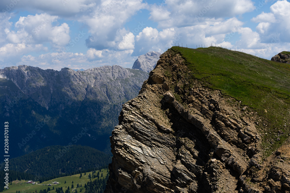 Obraz premium Idyllic mountain landscape in the Alps with blooming meadows, Alpe di Cisles, Seceda Ridgeline, Dolomiti , Pieralongia, Col Raiser
