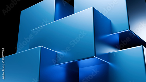 3D abstract blue metallic cubes background. Ideal minimalist backdrop for tech presentation, corporate branding, AI data server, website header, and modern business showcase