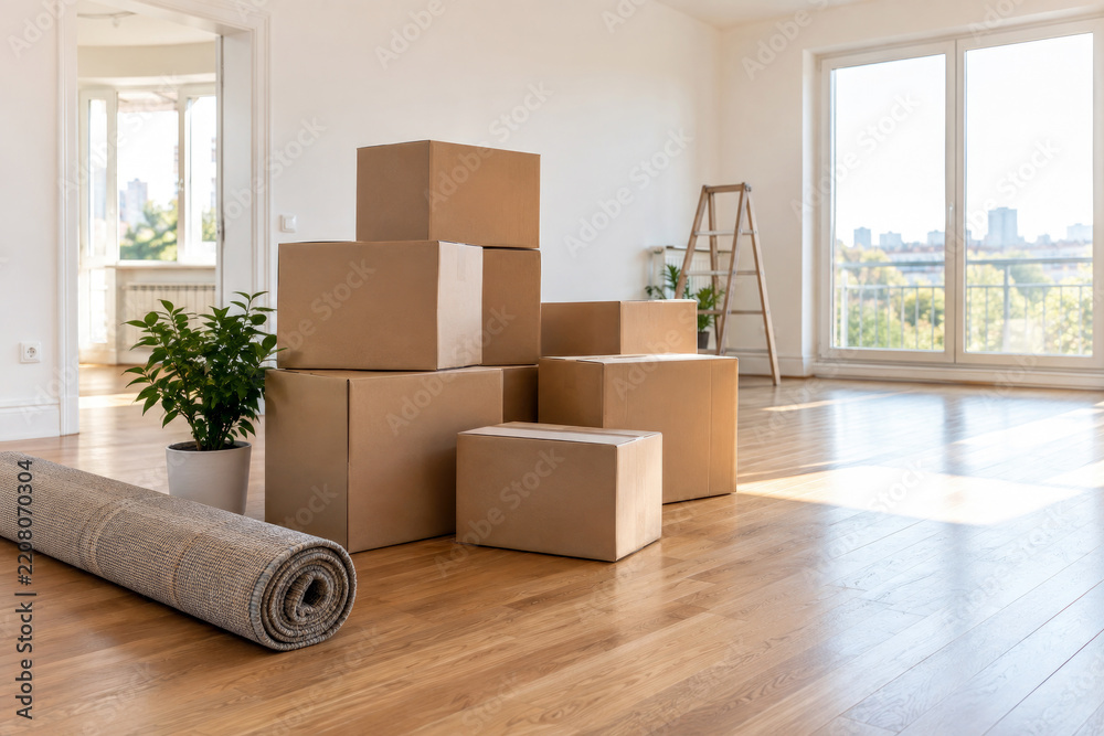 Fototapeta premium Stacked cardboard moving boxes in a bright empty apartment