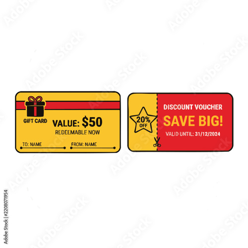 Gift Card and Discount Coupon Voucher Flat Vector Illustration Set