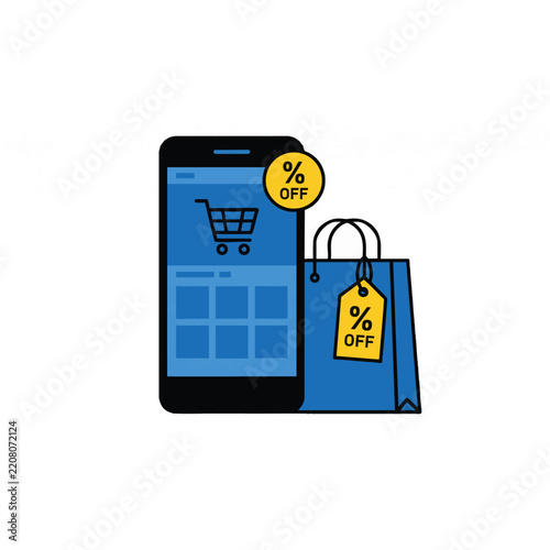 Smartphone with Shopping Bag and Discount Notification Flat Vector Illustration