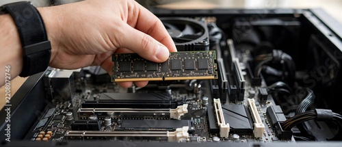 Computer memory upgrade process with RAM module installation concept