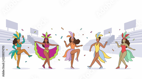 Carnival dancers in colorful costumes performing in a stadium with confetti