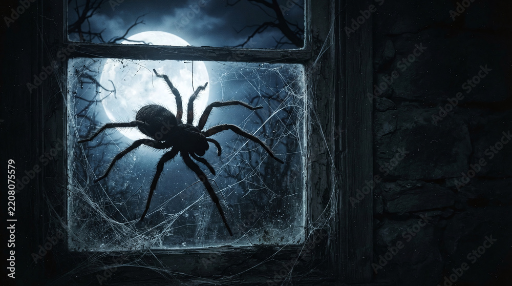 Fototapeta premium A giant spider crawls across a dusty window pane illuminated by a glowing full moon behind dark skeletal trees on a spooky night