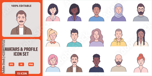 Set of diverse people avatars and profile icons, flat vector illustration of various characters with different hairstyles, clothing, and ethnicities for user interface design