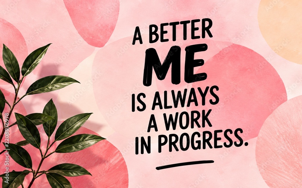 Obraz premium Positive self-improvement quote on a soft pink floral background, expressing that becoming a better version of yourself is an ongoing journey.